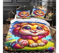 Cute lion cub 3D Printed 3 Piece Bed Cover Cartoon fantasy style Quilt Cover Set Breathable Microfiber Hidden Zipper Anti Allergy Anti-Fungal for Teens Single (135x200cm)