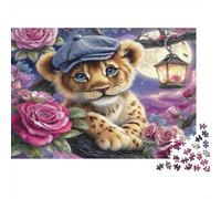 Cute Lion Cub Hat 1000 Piece Jigsaw Puzzle for Adults Cute Leopard Cub in Roses with A Lantern Challenging Hard Premium Sturdy Vibrant Stress Relief Family Game 52x38cm/1000pcs