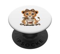 Cute Lion Cub Leopard Bow Coffee Latte Lover PopSockets Adhesive PopGrip