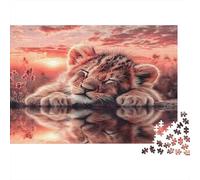Cute Lion Cub Sleeping 1000 Pieces Jigsaw Puzzle Sunset Beast Relaxing Focus & Concentration Thick Cardboard for Kids Ages 14+ 52x38cm/1000pcs