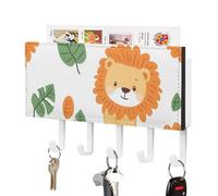 Cute Lions Pattern Cute Key Holder for Wall with 5 Hooks Letter Coat Rack Home Decor 4.3 × 7.1 Inch