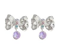 Cute Liquid Bow Earrings for Women - Silver Needle, Platinum-Plated, Handmade Rhinestone Decor Purple Crystal Drop Earrings, Fresh Sweet Soft Girl Fashion Jewelry Gifts