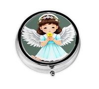 Cute Little Angel Metal Iron Electroplating, Round Pill Box, 2.0x2.0x0.7 inches, with 3 Plastic compartments