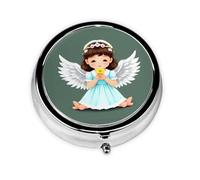 Cute Little Angel Printed Round Travel Pill Box Cute Small Metal Pocket Pill Case for Men & Women 3 Compartment Portable Pill Organizer for Purse or Pocket