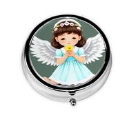 Cute Little Angel Round Mini Pill Box: 3-Compartment Portable Metal Pill Organizer with Snap Closure, Ideal for Daily Travel Use