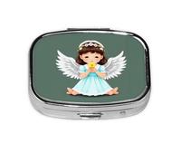 Cute Little Angel Square Pill Box with Full Print Design - Portable Metal Travel Case for Vitamins & Medication, 2.2x1.6x0.7 Inch.