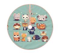 Cute Little Animals Imitation Linen Christmas Tree Skirt with Hem, Good Decorations for Christmas and Halloween