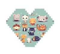 Cute Little Animals Print Building Brick Block Puzzle - Heart Shaped Picture Puzzles, Wooden Picture Jigsaw Puzzles