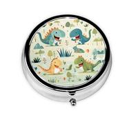 Cute Little Baby Dinosaur Round mini Pill Box, Lightweight and Portable, with 3 Plastic Inserts, Suitable for Carrying in Pockets or Wallets.