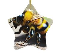 Cute Little bee Christmas Ceramic Star-Shaped Pendants, All with Holes Punched and Gold Wire Ropes for Easy Hanging
