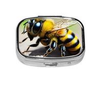 Cute Little Bee Square Pill Box with Full Print Design - Portable Metal Travel Case for Vitamins & Medication, 2.2x1.6x0.7 Inch.