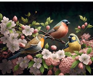 Cute Little Birds Spring Scene Paint by Numbers Kit, 16X20 Inch Blossom Flowers Adults' Paint-by-Number Kits