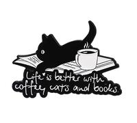 Cute Little Black Cat Enamel Lapel Pin Lift Is Better With Coffee Cats And Books Metal Badge Brooch, Collar Pin, Accessory Bag Decoration