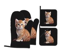 Cute Little cat Baking Gloves Pot mats, Barbecue Party Cooking 500â„‰ high Temperature Resistant Oven Gloves Pot lid mats 4 Pieces Set,