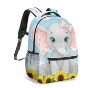 Cute Little Elephant Floral Print Backpack 16 Inch Pink Watercolor Clouds Gold Glitter Dreamy Pastel Illustration Aesthetic Travel Bag (08)
