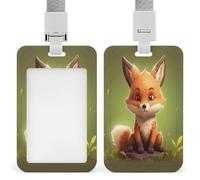 Cute Little Fox Badge Holder with Lanyard, Vertical Hard Plastic ID Card Holder, Sliding Name Tag Holders, Work Card Protector Sleeve for Nurse Doctor Teacher Officer & Gift