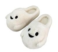 Cute Little Ghost Slippers for Women Men Soft Plush Warm Spooky Halloween Warm Slides Couple Indoor and Outdoor Lovely Spooky Party Slippers Novelty Funny Fluffy Memory Foam Open Back Shoes White