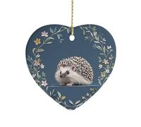 Cute Little Hedgehog Ceramic Christmas Ornament Heart Porcelain Hanging Pendant for Xmas Tree Decor Farmhouse Holiday Keepsake Gift for Home Office Decoration