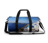 Cute Little Hedgehog Gym Bag Small Travel Duffle Bag with Compartment Carry On Weekender Bag for Women Men, Santorini Greek Island sea View, 17.7in/9in/9in