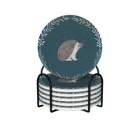 Cute Little Hedgehog,Round Ceramic Coasters, Mugs Pad, Cups Mat Set of 6 Drinks Coasters With Holder