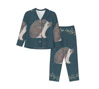 Cute Little Hedgehog Women'S Long-Sleeved Pajama Set Tops And Pants Nighttime Sleep Relax Lazy Weekend Black