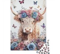 Cute Little Highland Cow,Rätsel Für Erwachsene 70x50cm/1000pcs,Herausforderungsspiele Roses Butterflies