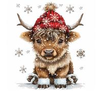 Cute Little Highland Cow with Christmas Hat DIY 11CT Counted Cross Stitch Kits for Beginners Easy Stamped Fabric Embroidery Needlecraft Art Wall Decor 38x38cm(1)