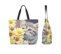 Cute Little Kitten Sniffing Daisy Flowers Tote Bag for Women Ladies Handbags Shoulder Bags For Work Beach Travel Shopping