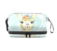 Cute Little Llama Smiling Double Layer Cosmetic Bag for Women and Girls, Travel Toiletry Bag Makeup Handy Pouch Organiser Bag with Brush Compartment