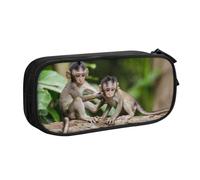 Cute Little Monkeys Large Capacity Double Layer Pencil Case For Students,Customizable Full Print Polyester Fabric Organizer-School, Office, Travel Makeup Pouch