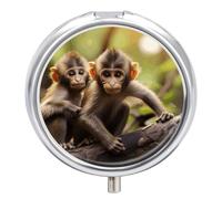 Cute Little Monkeys Pill Box 3 Compartment Travel Pill Organizer 3 Times A Day Cute Mini Pill Case for Purse & Pocket Portable Metal Medicine Box with Mirror Round Daily Medicine Vitamin Container