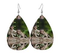 Cute Little Monkeys Printed Teardrop Pendant Leather Earrings | Lightweight and Versatile Earrings | Suitable for Daily Commute and Date Wear