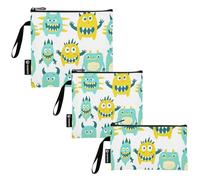 Cute Little Monsters Green Yellow 3-Pack Reusable Kids Snack Bags Multi-Use Food Safe Lunch Bags for Work Office Travel Picnic