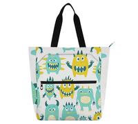 Cute Little Monsters Green Yellow Book Bag Art Tote Bag for Kids Women Men, Gothic Lightweight Reusable Shopping Bag with Zipper for School Work Travel Rainbow school supplies