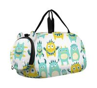 Cute Little Monsters Green Yellow Girl's Gym Duffel Bag with Shoes Compartment Lightweight Weekender Overnight Dance Bag for Travel, Sports, Fitness & Workout