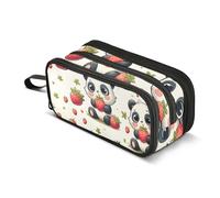 Cute Little Pandas Strawberries Pencil Case, Large Capacity Pen Bag for Boys Girls 3 Compartment Pencil Pouch Students Stationery Organizer Marker Case for School Office Work