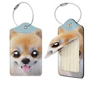 Cute Little Pomeranian Print Luggage Tag Leather with Stainless Steel Loop Privacy Cover Name ID Labels for Women Men