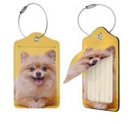 Cute Little Pomeranian Print Luggage Tag Leather with Stainless Steel Loop Privacy Cover Name ID Labels for Women Men