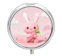 Cute Little Rabbit Pill Box, 3 Compartment Small Pill Case, Metal Round Portable Storage Box Stores Vitamins, Medicines, Fish Oil and Supplements