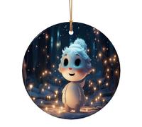 Cute Little Snowman in The Forest Round Shaped Ceramic Pendants, Christmas Tree Ornaments, Ceramic Ornaments for Festive Decor