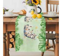 Cute Little Wolves Table Runner 16x72 Inches Long Green Leaf Tropical Plants Star Summer Animal Cotton Linen Table Runner Burlap Style for Dinner Table Party Decor Tabletop Decorations