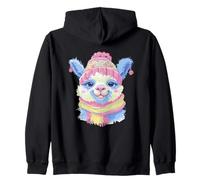 Cute Llama Alpaca Smiling Winter Portrait Art Graphic Animal Zip Hoodie
