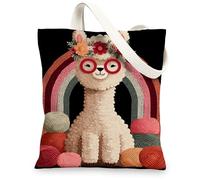 Cute Llama Canvas Tote Bags, Designer Rainbow Pattern Reusable Grocery Bags, Lightweight Washable Shoulder Strap Canvas Bag, Black, 13x15 Inch