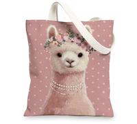 Cute Llama Canvas Tote Bags, Floral Pattern Reusable Grocery Bags, Lightweight Washable Shoulder Strap Canvas Bags for Gym Outdoor Travel Beach Picnic 13x15 Inch