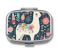 Cute Llama Floral Pill Box Travel Pill Organizer 2 Compartment Weekly Pill Case with Mirror A Day Medicine Container Medicine Organizer for Purse, Pocket, Or Wallet