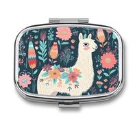 Cute Llama Floral Pill Case 2 Compartment Small Pill Box Compact Travel Daily Medicine Organizer Portable Medicine Vitamin Container Fish Oil and Supplement Storage