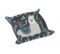 Cute Llama Floral Print Leather Valet Tray For Women,Travel Organizer, Trinket Jewelry Cosmetic Organizer Tray