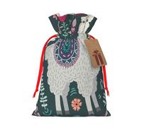 Cute Llama Floral Printed Christmas Drawstring Bags with Red Ribbon - Reusable Burlap Drawstring Gift Pouches, S