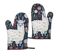 Cute Llama Floral Printed Oven Mitts 2 Pcs - Heat Resistant Waterproof Bbq Oven Gloves for Cooking Baking Grilling