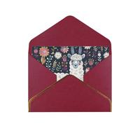 Cute Llama Floral Printed Pearl Paper Greeting Card, Dark Red - Folded Blank Cards with Gold Trim for Weddings, Birthdays, Christmas